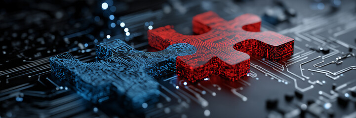 Abstract 3D glowing blue red puzzle connect symbolize teamwork collaboration problem solving banner.