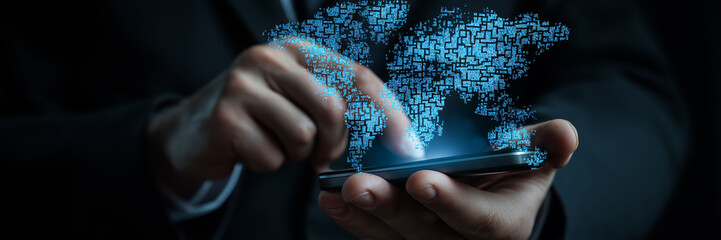 Businessman hand hold smartphone glowing digital Earth hologram global business international communication banner.
