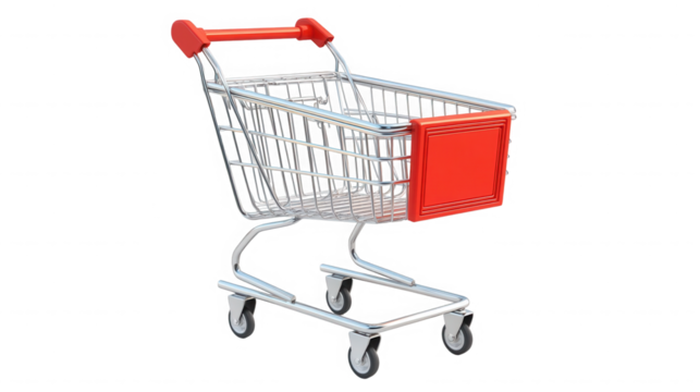 A miniature shopping cart with a red handle and front panel on transparent background