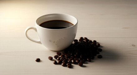 A cup of black coffee with roasted coffee beans on a white wooden surface with soft, warm lighting