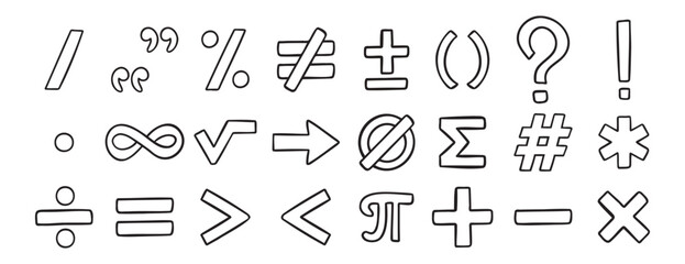 math symbols doodle hand drawn icon set. Outline drawing line clipart symbol collection