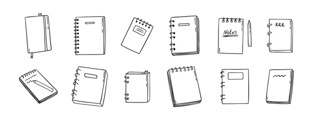 notebook doodle hand drawn icon set. Outline drawing notebooks line clipart symbol. Isolated doodle exercise book