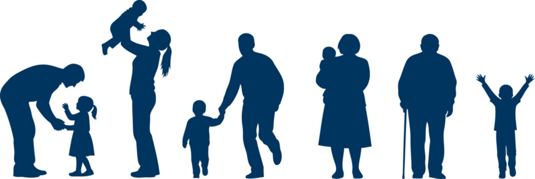Diverse family silhouettes representing generational relationships and unity in a seamless composition silhouette