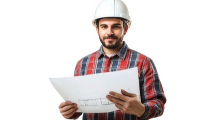 Man with hard hat and plaid shirt holding architectural drawing  studio shot on transparent background