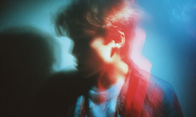 A blurred portrait of a person, bathed in vibrant, contrasting neon lights