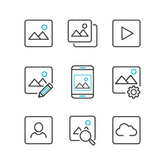 Collection of simple line icons representing various media and user interface functions