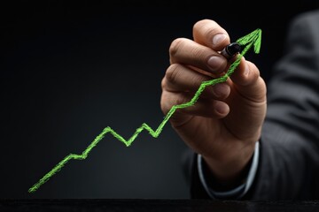 A hand in a suit draws a rising green graph