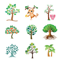 Collection of cartoon trees and animals in a grid layout