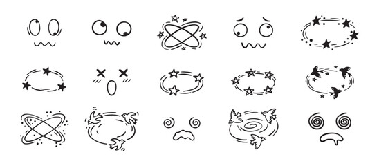 Dizzy effect drawing hand drawn doodle cartoon set. dizzy faces, birds and stars overhead emotions drawing.