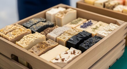 Close-up of an assortment of natural, handmade soap bars with various ingredients like oatmeal and lavender, displayed in a rustic wooden box.