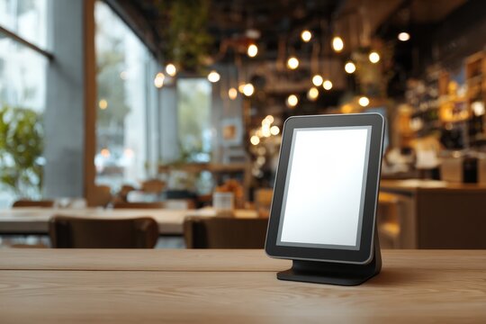 Modern tablet on a wooden table in a cafe - Powered by Adobe