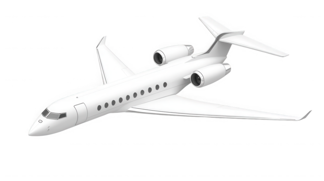 A white private jet with engines under wings  in a high angle view rendering on transparent background