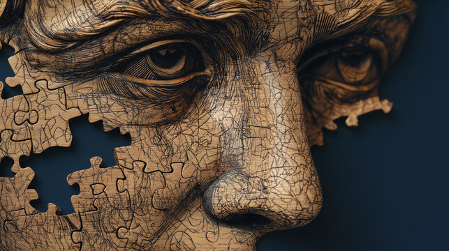 Surreal wooden sculpture human face design puzzle piece intricate craftsmanship antique texture.