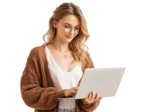 A woman wearing glasses and a brown sweater is sitting in front of a laptop