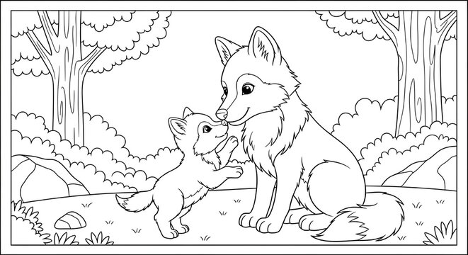 Adorable fox family bonding in nature coloring adventure - Powered by Adobe