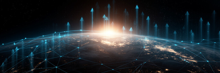 Futuristic digital illustration depictglowing blue world map neon stock market graph data chart rise upward panorama.
