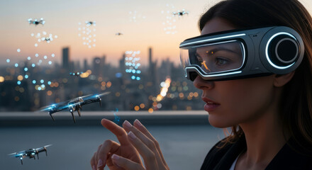 A woman wearing futuristic goggles controlling drones with hand gestures against a cityscape backdrop at dusk