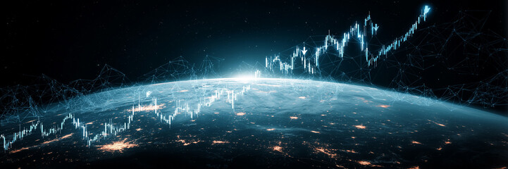 Futuristic digital illustration depictglowing blue world map neon stock market graph data chart rise upward panorama.
