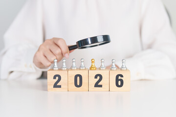2025 end year to Happy New Year 2026 with magnifying glass and people. hiring, employee, recruitment, job, SEO and jobless, Human resource management, Recruitment, leadership and toxic people