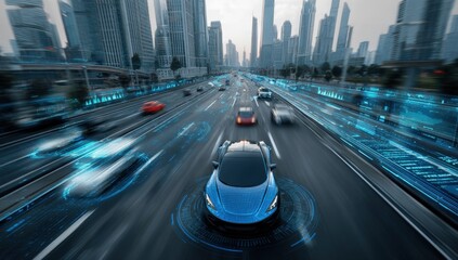 Futuristic cityscape highway with autonomous vehicle