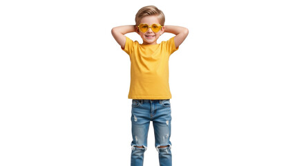 Joyful young boy with heart sunglasses smiling confidently, hands behind head, radiating happiness and carefree summer vibes.