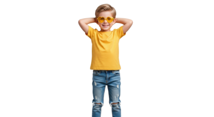 Joyful young boy with heart sunglasses smiling confidently, hands behind head, radiating happiness and carefree summer vibes.
