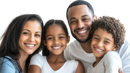 A happy family of four posing closely together and smiling broadly in a bright and cheerful portrait on transparent background