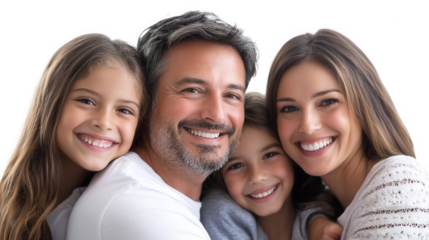 A smiling family portrait with a father mother and two daughters posing closely together for the camera on transparent background