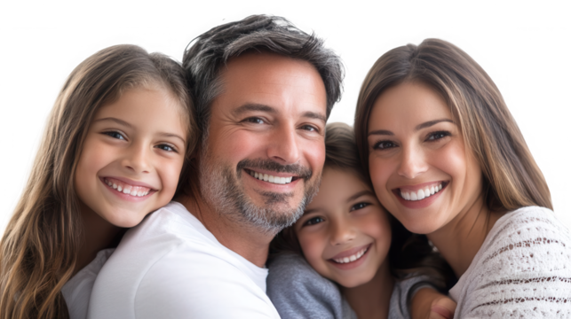 A smiling family portrait with a father mother and two daughters posing closely together for the camera on transparent background