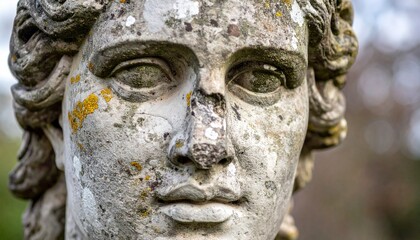Ancient Weathered Stone Statue Face Close Up with Lichen