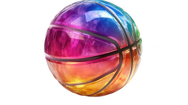 A colorful basketball with a rainbow gradient isolated against a black background in a studio shot on transparent background