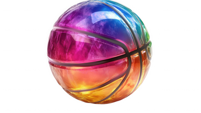A colorful basketball with a rainbow gradient isolated against a black background in a studio shot on transparent background