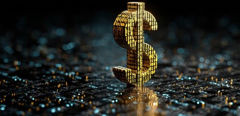 Golden dollar sign on a dark digital circuit board