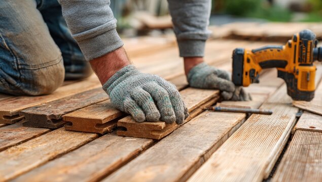Worker installing wooden decking (1)
