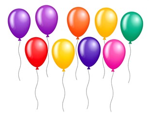 A collection of floating, shiny, colorful balloons, on a white background