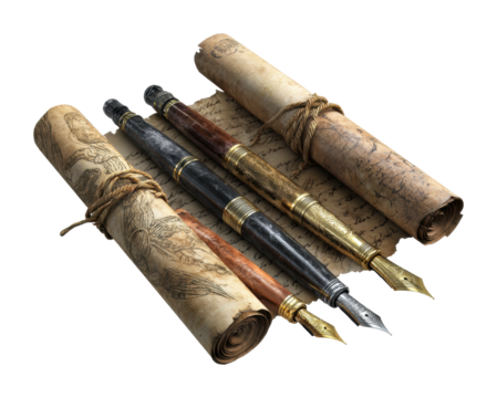 Writing instruments and ancient scrolls artistic display isolated on transparent background