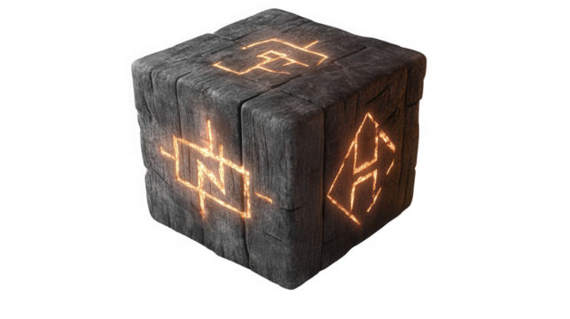 A stone cube with glowing runes on each face against a black background in a studio shot on transparent background
