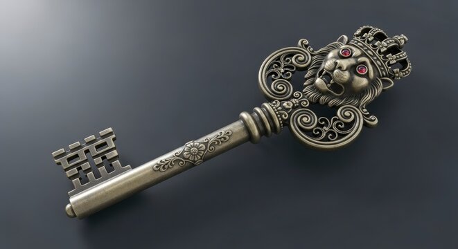 Ornate antique key with a crowned lion head and red gem eyes on dark background.