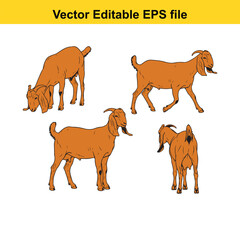 Vector art of collection of four brown goats in different positions and angles