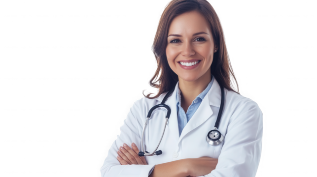 A smiling female doctor with a stethoscope wearing a white coat and arms crossed  on transparent background - Powered by Adobe