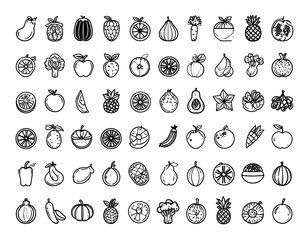 A collection of various line-art illustrations of diverse fruits and vegetables