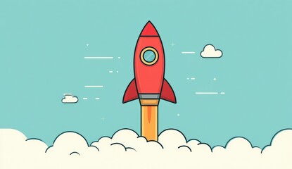 Red rocket launching from clouds