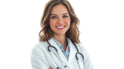 Fototapeta premium Portrait of a smiling woman doctor with a stethoscope wearing a white coat on transparent background