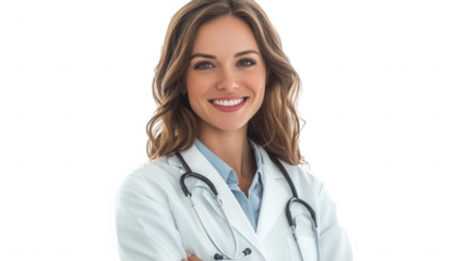 Portrait of a smiling woman doctor with a stethoscope wearing a white coat  on transparent background