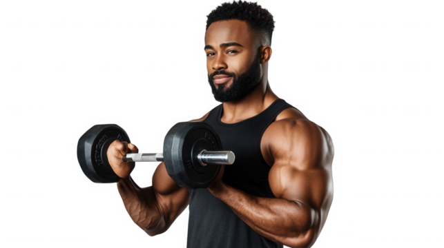 Man with beard lifting dumbbell in black tank top against black background showing muscles and strength on transparent background - Powered by Adobe