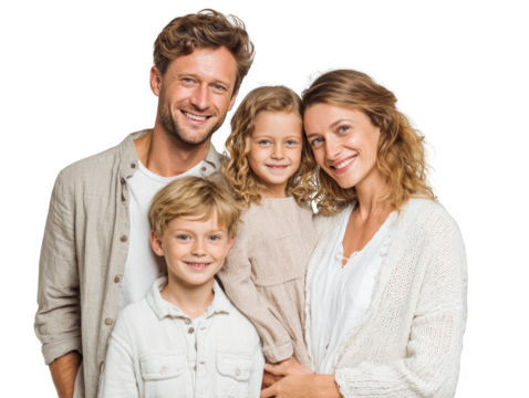 A family of four, a man and three children, are smiling for the camera