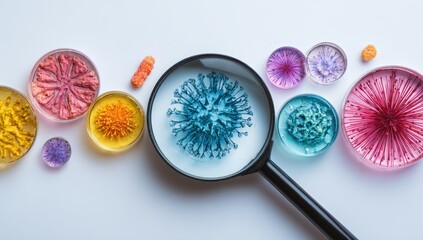 Colorful petri dish-like samples under a magnifying glass