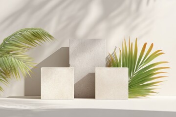 Minimalist, beige cube podiums with tropical foliage