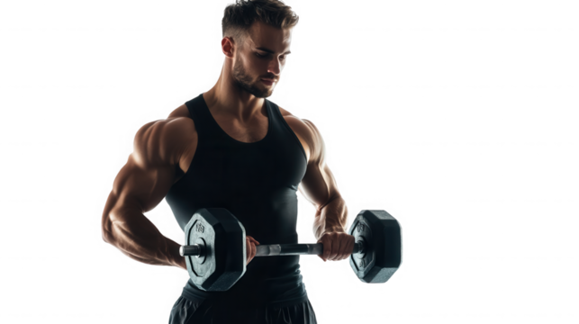 Muscular man in tank top lifting barbell with defined biceps against a dark background in a fitness setting on transparent background