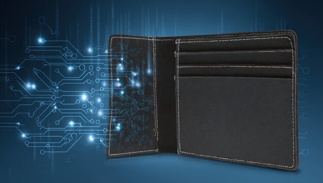 Open wallet with digital circuit overlay